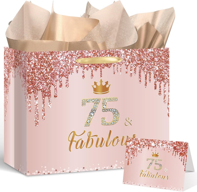 Yoirrat Rose Gold 75th Birthday Gift Bag for Women 75 & Fabulous Large Pink Happy 75th Birthday Gift Bag with Wrapping Paper and Card for 75th Bday Decorations Party Supplies - Image 1